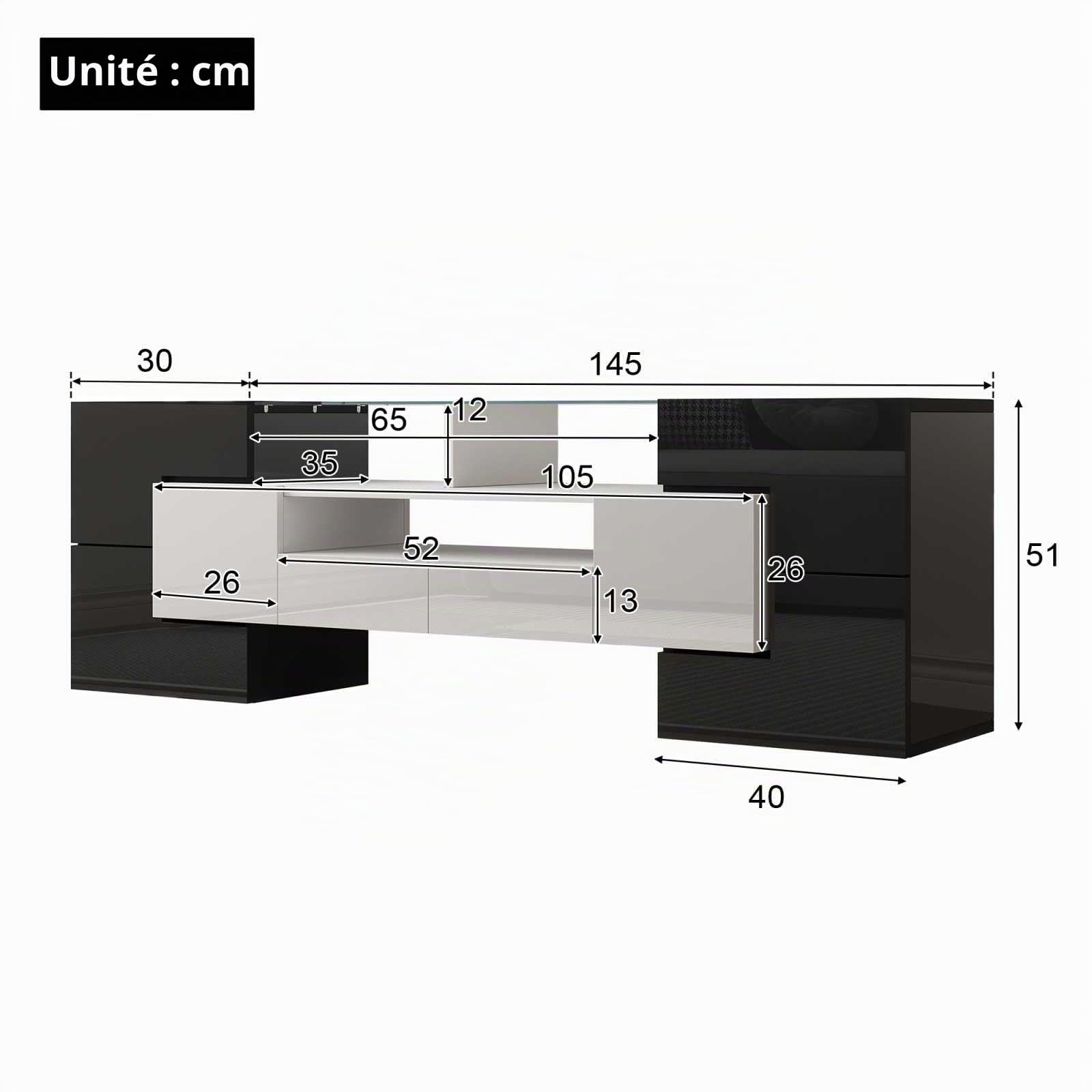 YEHTOKHOME Meuble TV Moderne,Meuble TV Multifonctionnel avec éclairage LED,Meuble avec 6 Portes et 2 tiroirs, organizzatore avec Espace de Rangement (Noir + Blanc)