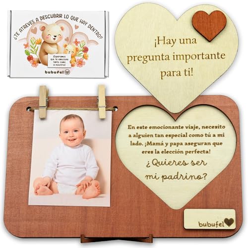 Bubufel® ¿Quieres Ser Meu Padrinho? | Padrinhos de Batismo Proposta | Presente Original de Padrinho | Moldura de Fotos 24 x 15 cm com Mensagem Surpresa | Espaço para Nota Personalizada