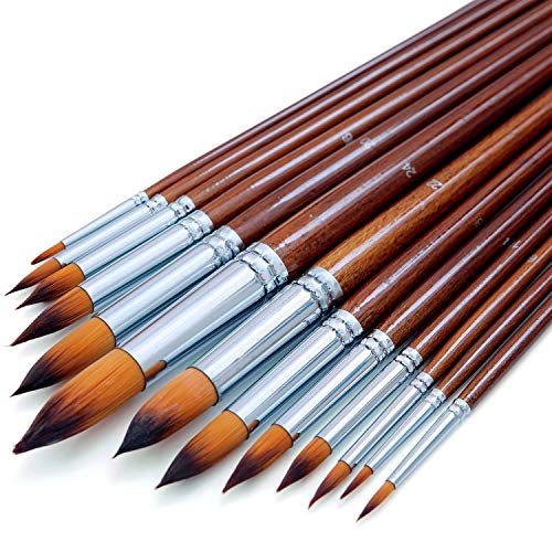 Image of Chrome Artist Watercolor Paint Brushes Set 13pcs - Round Pointed Tip Soft Anti-Shedding Nylon Hair Wood Long Handle