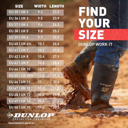 DUNLOP Work-It S5 PVC-Arbeitsstiefel für Damen und Herren – Wasserdichte Sicherheitsstiefel mit Stahlkappe – Baustellenstiefel – Chemikalienbeständig und rutschfest - Schwarz – Größe 35 bis 50