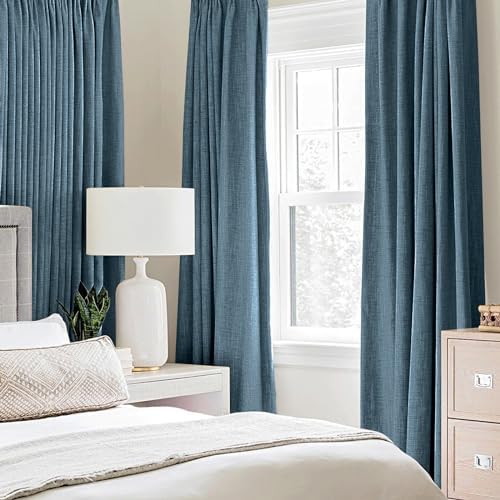 MIULEE Linen Texture Curtains for Bedroom Solid 100% Blackout Thermal Insulated Dusty Blue Curtains Grommet Room Darkening Drapes Luxury Decor for Living Room 52x84 Inch (2 Panels)