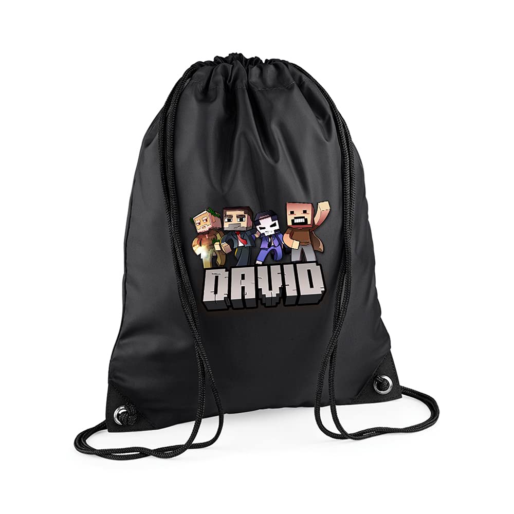Getagift Boys Black Personalised Any Name Cool Pixel Art Funny Gaming Enthusiast, Back To School, Premium Drawstring Bag, Pe Gym Kit School, Swimming, Birthday/Secret Santa, Pe Kids Sport Rucksack. (Black)