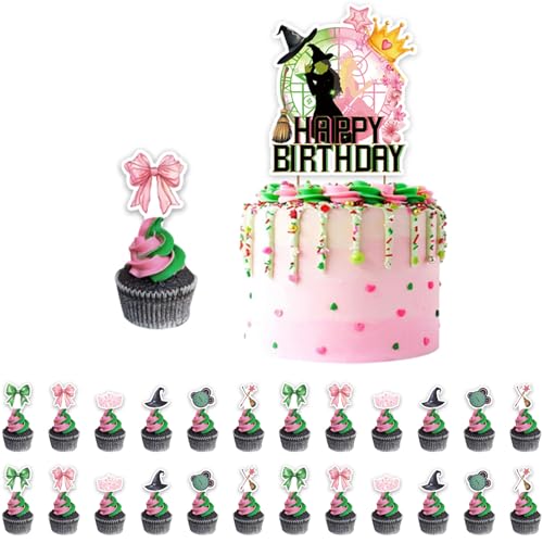 Embhlitfe Witch Cake Toppers Decorations Set for Birthday Party Favor including 1 Big Happy Birthday Cup Toppers and 24 Cupcake Toppers Wicked-Themed Party Supplies (Pink and Green A)