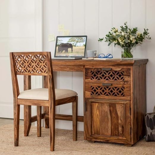 Image of Study Table with Chair | Wooden Study Desk for Students | Solid Sheesham Wood Writing Desk for Adults with Chair | Office Desk (Teak Finish)