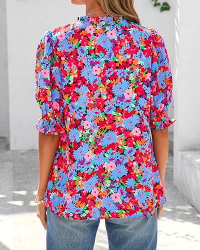 BTFBM Summer Blouses for Women Dressy Casual 2025 Spring Floral Boho Shirts V Neck Puff Short Sleeve Business Work Tops3
