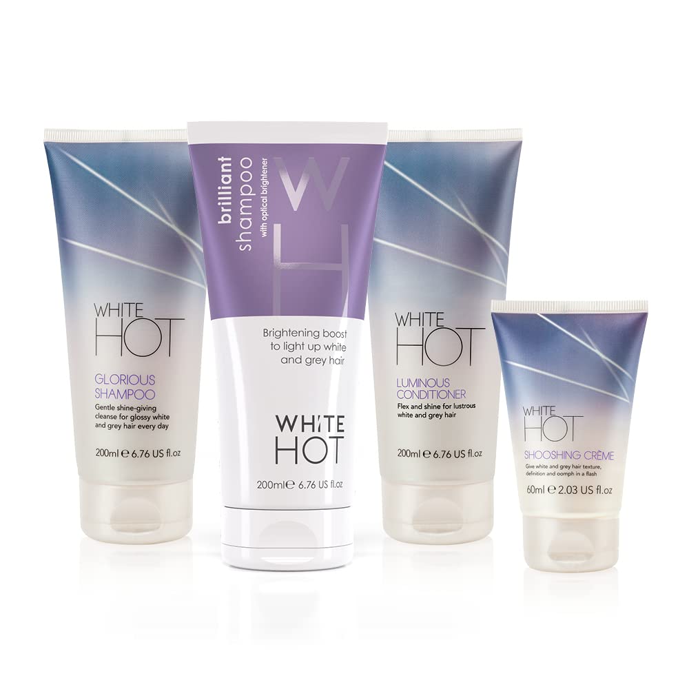 White Hot Short Hair Quartet, brightening hair care regime with texturising styling cream for shorter white & grey hair, purple shampoo