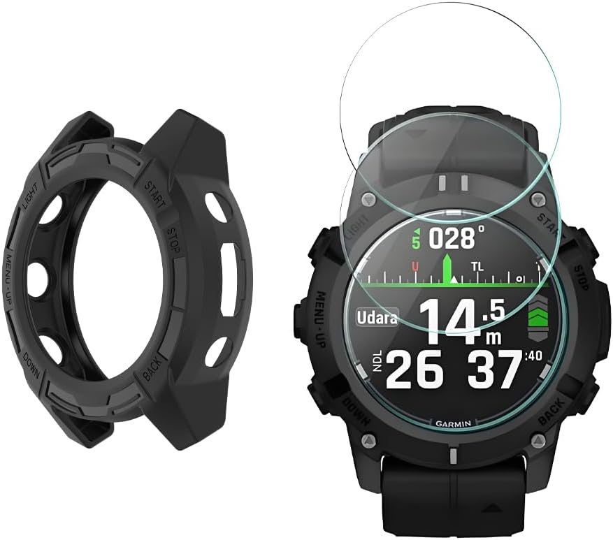 Watch Screen Protector Compatible for Garmin Descent G2 Smartwatch, 9H Tempered Glass Protective Film Full Coverage and Soft TPU Protective Case (green)