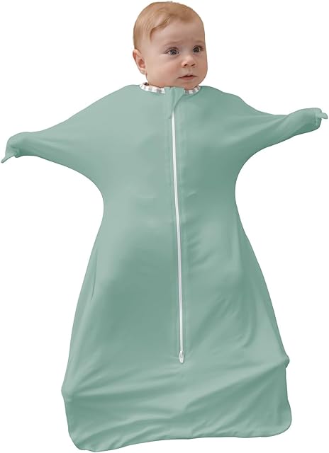 ZIGJOY Shark-Fin Transition Swaddle - 0.5 TOG Baby Sleeping Bag 95% Bamboo Fiber Self-Soothing Sleep Sack for Newborn Wearable Blanket with 2-Way Zipper, Green, 3-6 Months