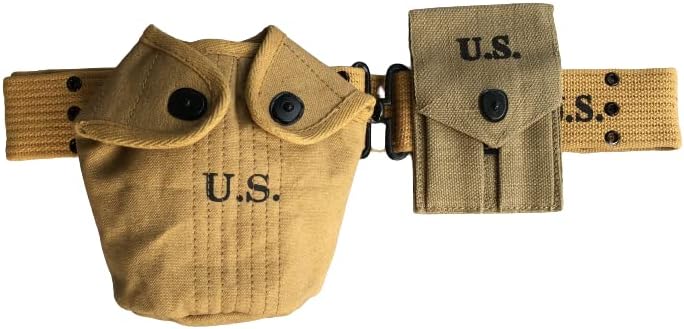 WWII M1936 Webbing Canvas Pistol Belt with Colt Double Magazine Pouch and Canteen Water Bottle Cover Set