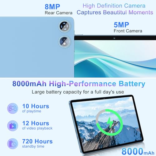 Image of Android Tablet 10 Inch 22GB RAM 128GB ROM 1TB, Android 14 Tablet with Keyboard Mouse, Octa-Core, 8000mAh Battery, HD IPS Display, 5G WiFi, BT 5.0, GPS, Widevine L1, Split Screen - Metal Blue