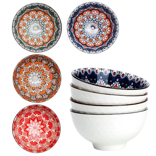 Bohemian Ceramic Bowls Set, 4.5 Inch Porcelain Cereal Bowls, Vintage Boho Style for Rice, Soup, Cereal,Salad,Decorative Set for Kitchen & Dining (Set of 4)