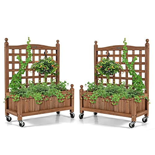 Giantex Set of 2 Mobile Plant Raised Bed, Wood Planter with Lattice Trellis and Wheels, Flower Box for Plant Climbing, Vertical Garden for Balcony Patio Yard, 25