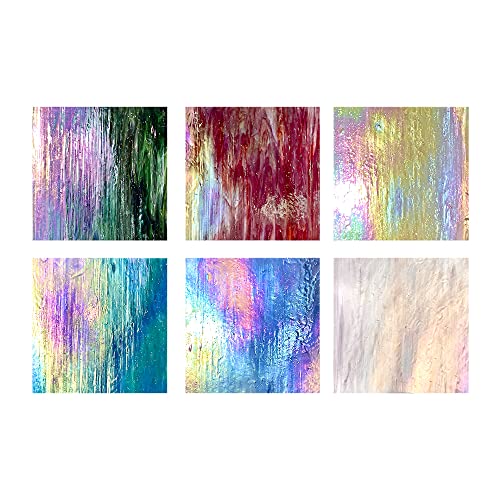 Unicoshape Mosaic Stained Glass Sheets 12” x 12”, 6-Pack (Total 5.8sf), Colorful Cathedral Art and Crafts Sheets for DIY Hobbyists and Projects, Assorted Colors, Easy to Cut and Design (Iridescent)