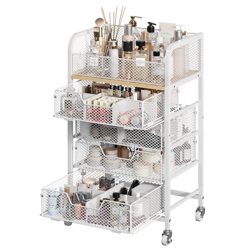 Hongtamoya Makeup Cart Organizer with 4 Drawers, Large Floor Skincare Organizers, Vanity Storage Organizer Cosmetics Display Cases for Skin Care Perfume Nail Polish, White (Patent Pending)