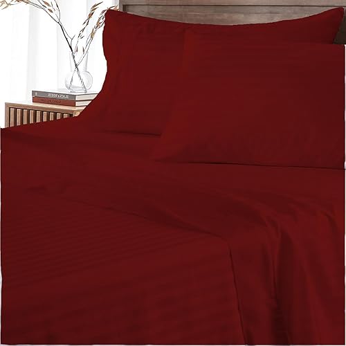 Miniatura 2 de PARMANUND BEDDING Juego de sábanas de algodón egipcio puro de 800 hilos, tejido de satén a rayas Burgandy, de fibra larga, 16 pulgadas de profundidad