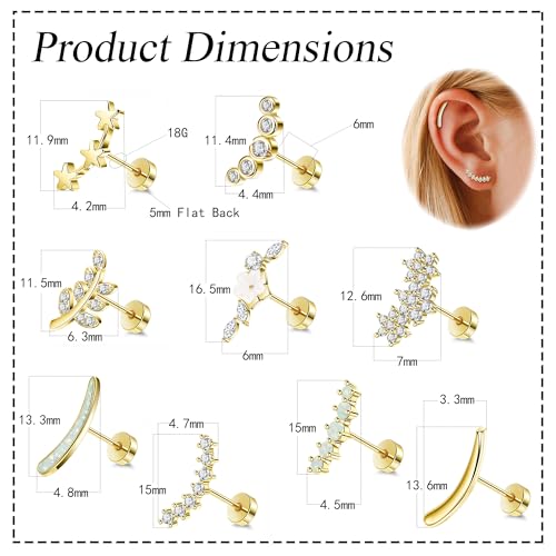 9Pcs 18G 14K Gold 316L Stainless Steel Cartilage Earrings for Women Helix Earrings Dainty Opal Leaf Flat Back Stud Earrings CZ Flower Conch Earrings Piercing Jewelry 6/8MM2