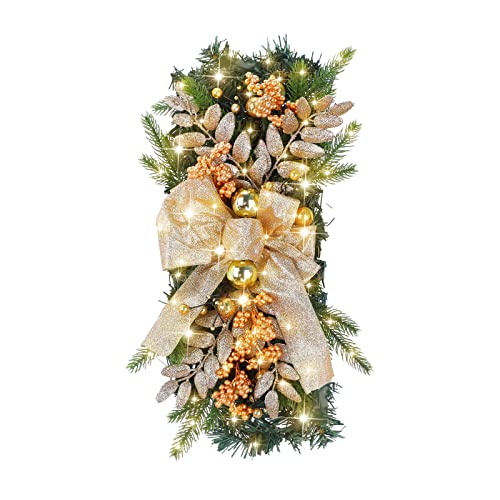 Wnvivi Christmas Stair Swag, Christmas Bowknot Wreath with Balls Ornament and Gold Berries Artificial Christmas Garland for Xmas Stair Railing Wall Window Indoor Decor(Multicolor)