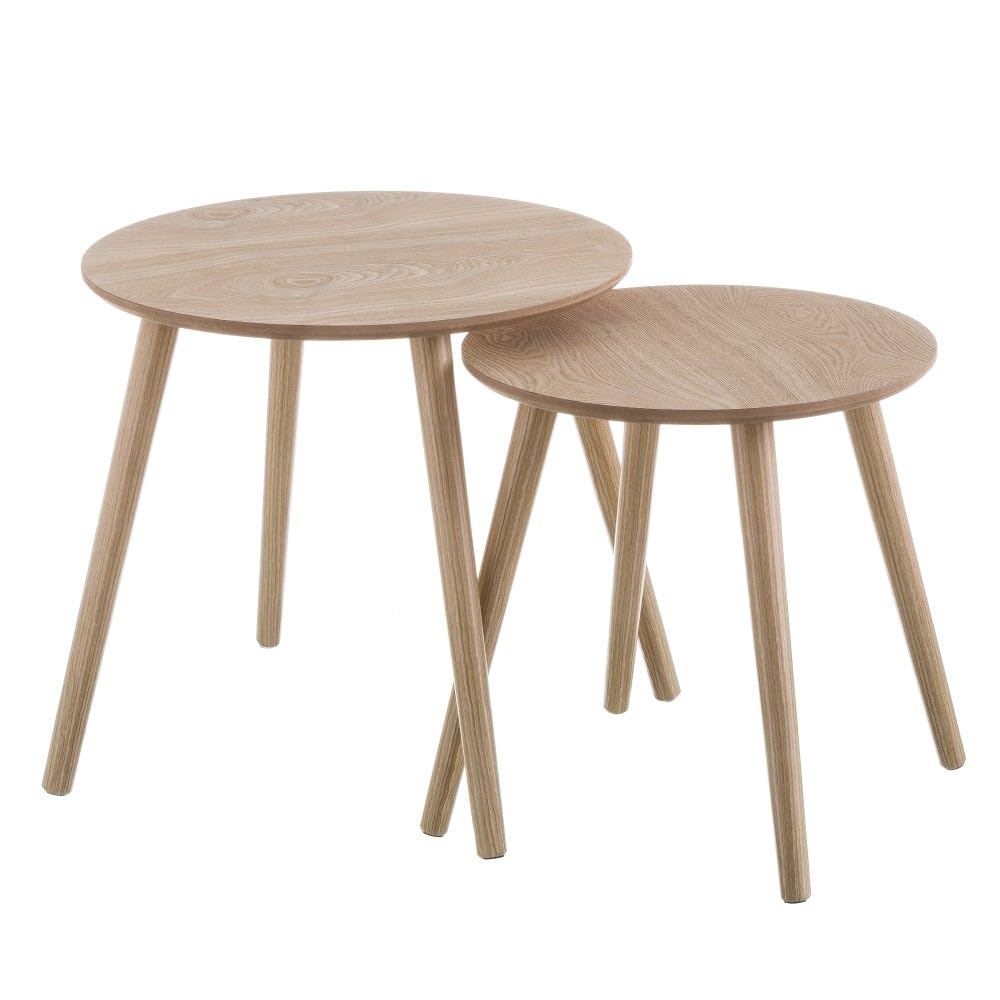 LOLAhome - Set de 2 mesitas Nido auxiliares Redondas laminadas en Tono Natural de 48 y 40 cm de diámetro para salón o despacho