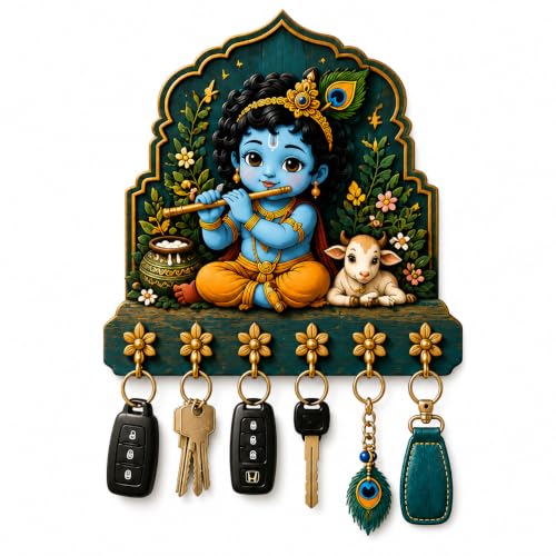 Image of Radha Krishna Key Holder for Wall, 10X10 Inches | 5 Metal Hooks, Premium Wooden, Spiritual Wall Decor, Home Entrance Living Room Office