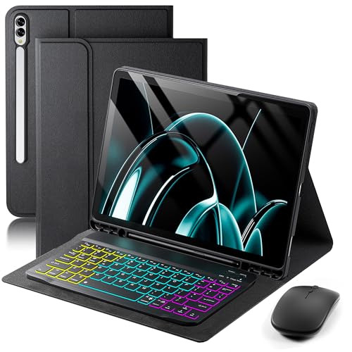 Case Keyboard for Samsung Galaxy Tab S11 Ultra / S10 Ultra / S9 Ultra / S8 Ultra 14.6 inch Cover - 7 Color Rainbow Change Backlit Detachable Magnetic Keyboard with S Pen Holder with Mouse - Black