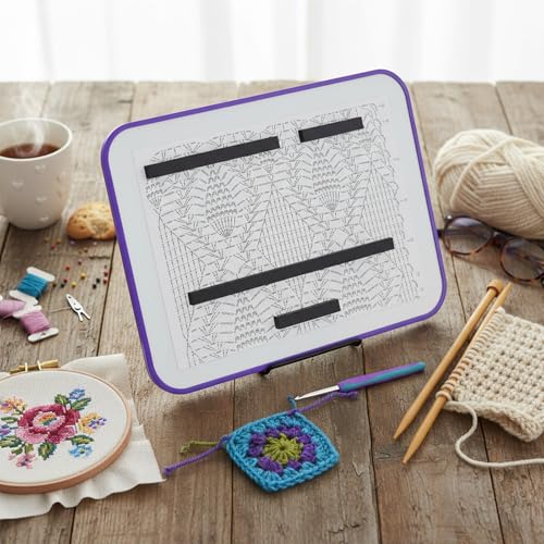Image of Flutesan 8 x 12 Inches Knitting Pattern Holder with 4 Replacement Magnets Knitting Chart Keeper Cross Stitch Magnetic Board Cross Stitch Accessories and Supplies for Crochet(Purple Border)