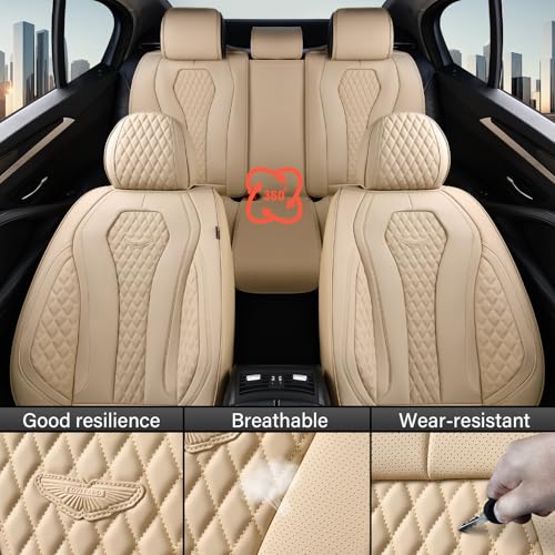 Image of Coverado Automotive Seat Covers, Car Seat Covers Full Set, Beige Car Seat Cover, Car Seat Cushion Waterproof, Front Seats Back Seat Covers, Car Seat Protector Universal Fit Most Cars