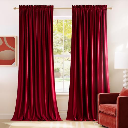 NICETOWN Red Velvet Blackout Curtains 84 inches Long 2 Panels for Bedroom Thermal Wall Decor Soundproof Privacy Protection Panels for Home Theatre/Film Room/Stage (Rod Pocket Design)