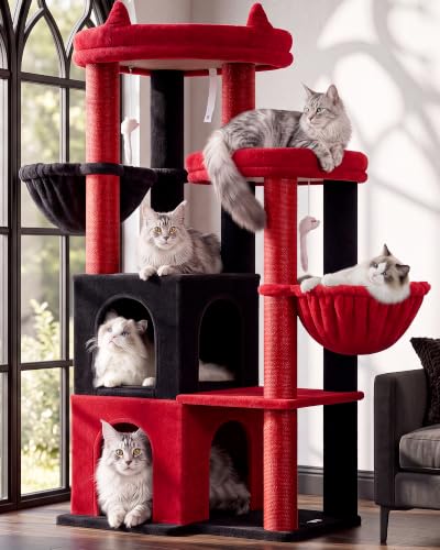 Image of Globlazer Cat Tree Tower for Indoor Cats, Sturdy Adult Cat Tree House for Large Adult Cats with 2 Platform, 6 Cat Scratching Post, 2 Cat Caves, Dangling Toys, S63, 63 inch, Red Black