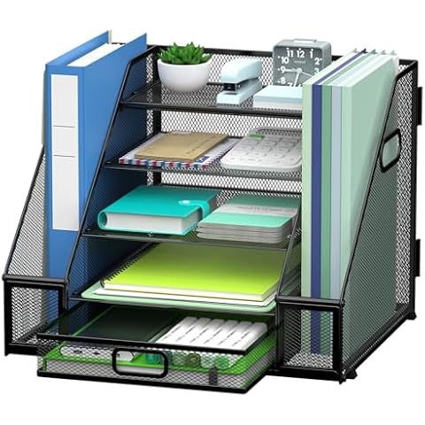 MINDEPOT 5-Tier Desk Organizer with File Holder, Mesh Desk Organizer with Handle, Paper Letter Tray Organizer Desktop Organizer with Drawers, Desk File Organizer for Office School Home, Black Cover