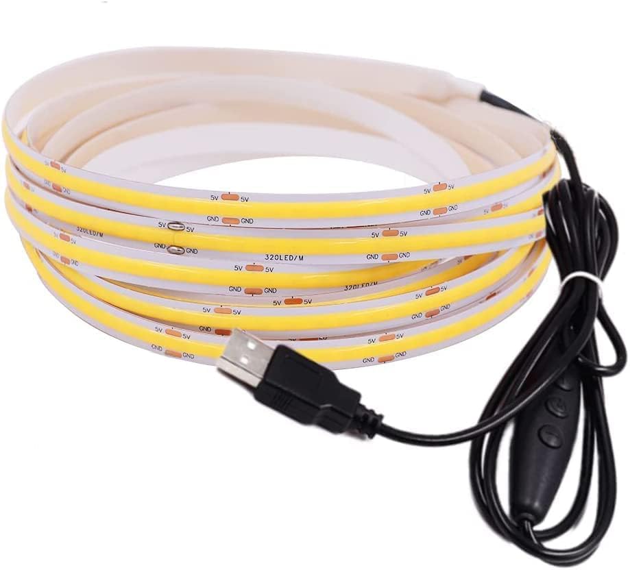 Miniatura 6 de XUNATA Tira LED COB de 19.7 in, USB 5 V 320 LEDsM, tira de LED flexible regulable de 3500 K, banda LED COB blanca cálida, no impermeable, tira de