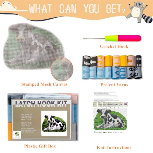 Image of EMISTEM Latch Hook Kits for Adults - DIY Latch Hook Rug Kits, Crochet Kit for Beginners, Rug Making Kits with Printed Canvas, Gift Packaging. (Cow,21x16 inch)