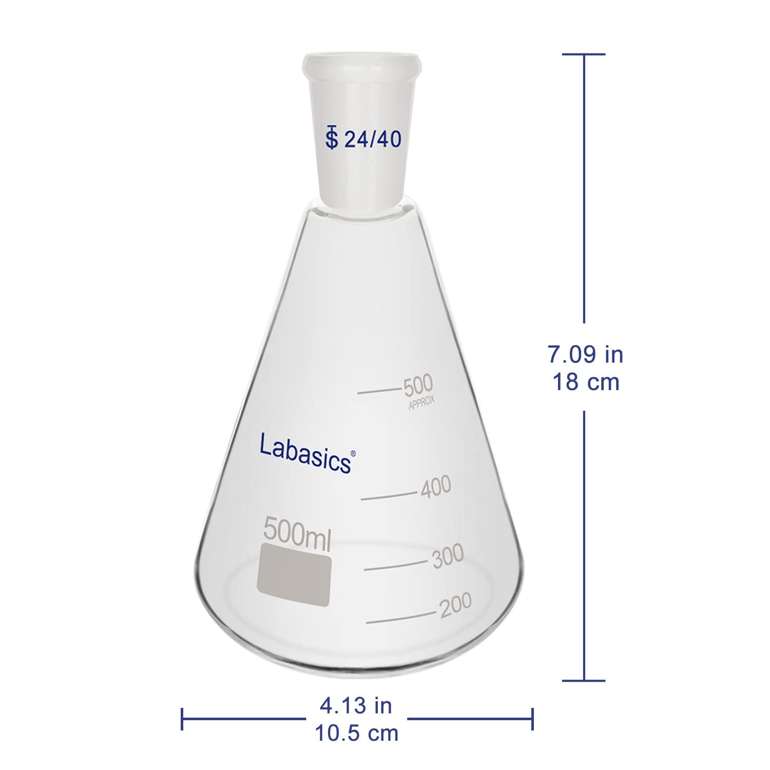 Labasics Flacon Erlenmeyer en Verre 24/40, Flacon à Paroi Épaisse en Verre Borosilicaté avec Joint Extérieur Conique Standard 24/40, 500 ml