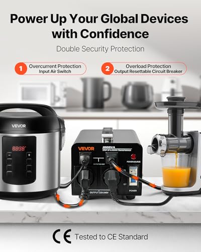 Image of VEVOR Voltage Converter Transformer, 1000VA, Heavy Duty Step Up /Down Power Transformer, Convert from 110V to 220V and 220V to 110V, with EU Outlets, US Outlets, Power Cord, Circuit Breaker Protection