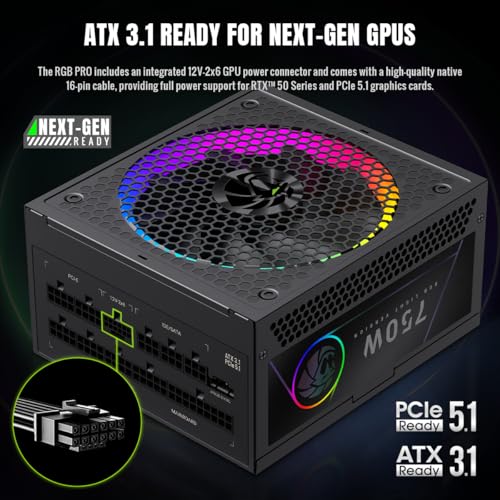 Image of GAMEMAX 750W 80+ Gold Fully Modular Power Supply, ATX 3.1 Version with LLC+DC-DC Circuit, Full-Range 110-240V, 140mm ARGB Fan with Sync, 105C Mainstream Japanese Capacitors (RGB PRO 750G)