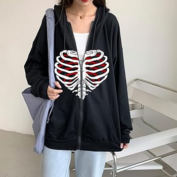 NJNJGO Unisex Skeleton Heart Grunge Punk Hoodie Y2K Jacket