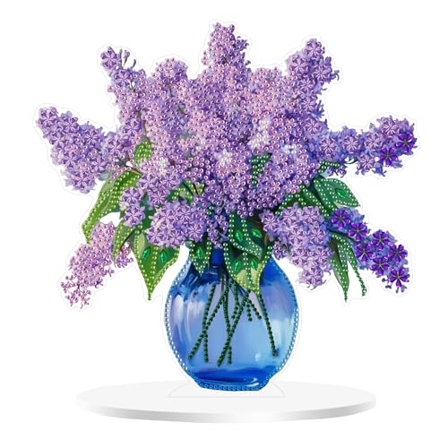 Peinture Diamant 5D Fleurs Lilas Violet Flieder Diamond Painting Adulte et avec Vase Élégant et Support Acrylique Stable Décoration Murale et Bureau,...