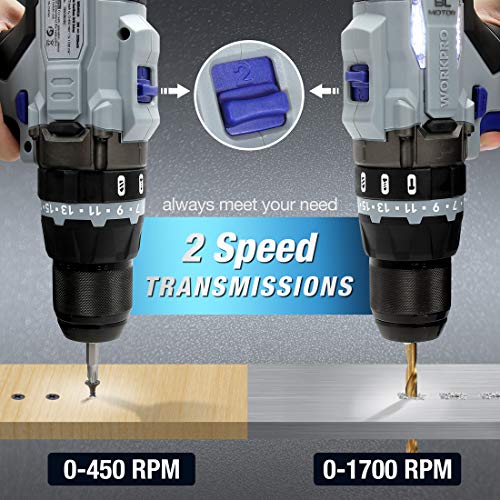 Workpro 20V Brushless Cordless Drill, With 2 Batteries(2.0 Ah) And Auxiliary Handle, 487 In-Lbs 21+3 Torque Setting, 1/2” Chuck, 21 Pieces Drill Driver Kit With Hard Carrying Case #TOP4