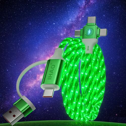Image of IHAO Multi Ports Starry Light-Up USB Cable USBC MicroUSB Connectors Durable Fast Charging Cables Visible Current Flow for Almost All Devices-6in1 Star Green