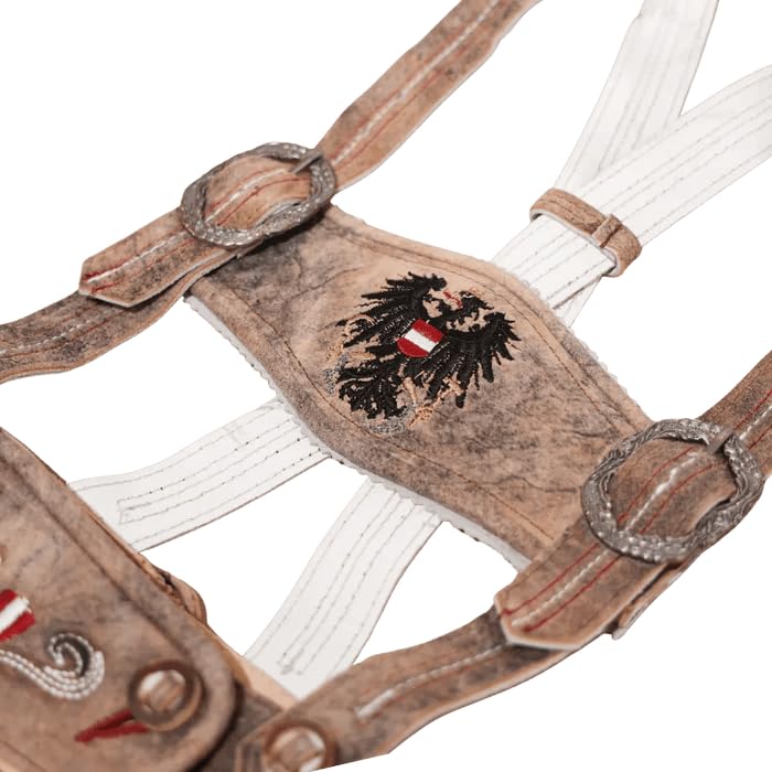 Hoamatkult Kinder Lederhose – Österreich Adler, Vintage Braun, aus Echtleder mit Patina, handgefertigt, bequemer Schnitt – trachtig & kultig für kleine Entdecker (86 - mit Träger)