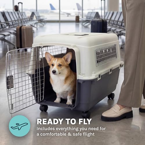 Image of SportPet Airline Compliant MEDIUM 24.25 inch Travel Dog Kennel-Durable Plastic Airline Pet Carrier w /Removable Wheels & Food Bowls, Collapsible Indoor /Outdoor Dog Kennel, Dogs up to 23 inchL & 15 inchH-Cream /Gray