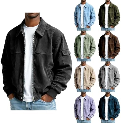 Corduroy Shirt Men Flannel Zip Up Shirt Casual Shacket Long Sleeve Lapel Collar Coat Vintage Jackets with Pockets