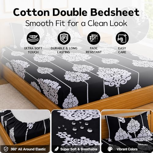 Image of DECORUM Glace Cotton Fitted 1 Bedsheet King Size (72 inchx78 inch) | All Around Elastic | Cotton Feel | 2 Pillow Covers (17 inchx27 inch) | Fits Up to 8 inch Mattress | 200-220 TC | Printed Double Bed Sheet Set