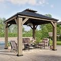 Aoxun 10' x 10' Outdoor Wood Gazebo, Hardtop Gazebo Permanent Wooden Pavilion with Galvanized Steel Double Roof, and 19.7 FT Power Outlet,for Backyard, Garden, Deck, Cedar Wood, Grey