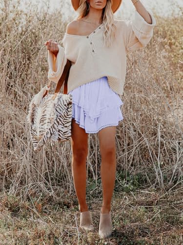 Image of Aoudery Flowy Shorts for Women Casual Boho Ruffle Tiered Skorts High Waist Mini Skirts Golf Tennis Crochet Shorts