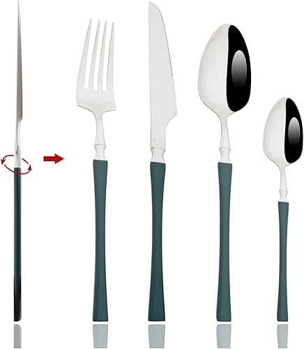 JASHII Juego de 24 cubiertos verdes y plateados con mango plano de cintura pequeña, juego de cubiertos de acero inoxidable para 6 cubiertos, juegos