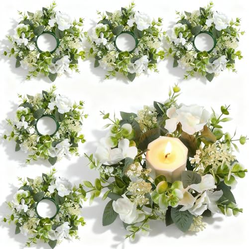Leooomap 6 PCS Hydrangea Flower Candle Rings 11.4 Flower Rings for Centerpieces White Artificial Floral Candle Wreath Ring for Pillar Candles Wedding Party Table Decor