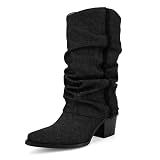 UBWDU Women's Denim Fold Over Cowboy Boots Mid Calf...