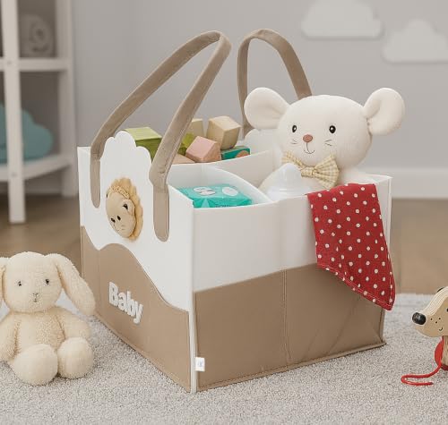 Image of House of Quirk Baby Diaper Caddy Organizer | Portable Nursery Storage Basket for Diapers & Wipes | Car Organizer for Newborn Essentials - Bear White
