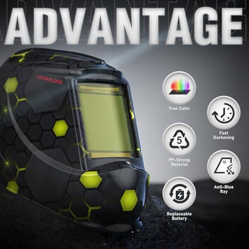 Image of YESWELDER Large View Auto Darkening Welding Helmet, Blue Light Blocking, 1 /1 /1 /1 True Color Solar Powered Welder Hood Mask with 4 Arc Sensors, Wide Shade 3 /5-9 /9-13 for TIG MIG ARC Cut and Grind