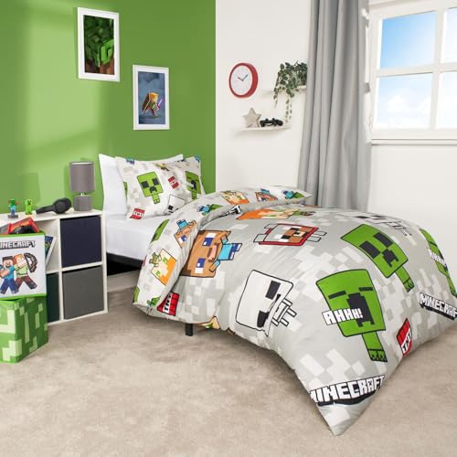 Minecraft Bedding Single Bedroom Accessories for Boys Duvet Sets for Single Bed Duvet Reversible Characters A Minecraft Movie Gifts Grey